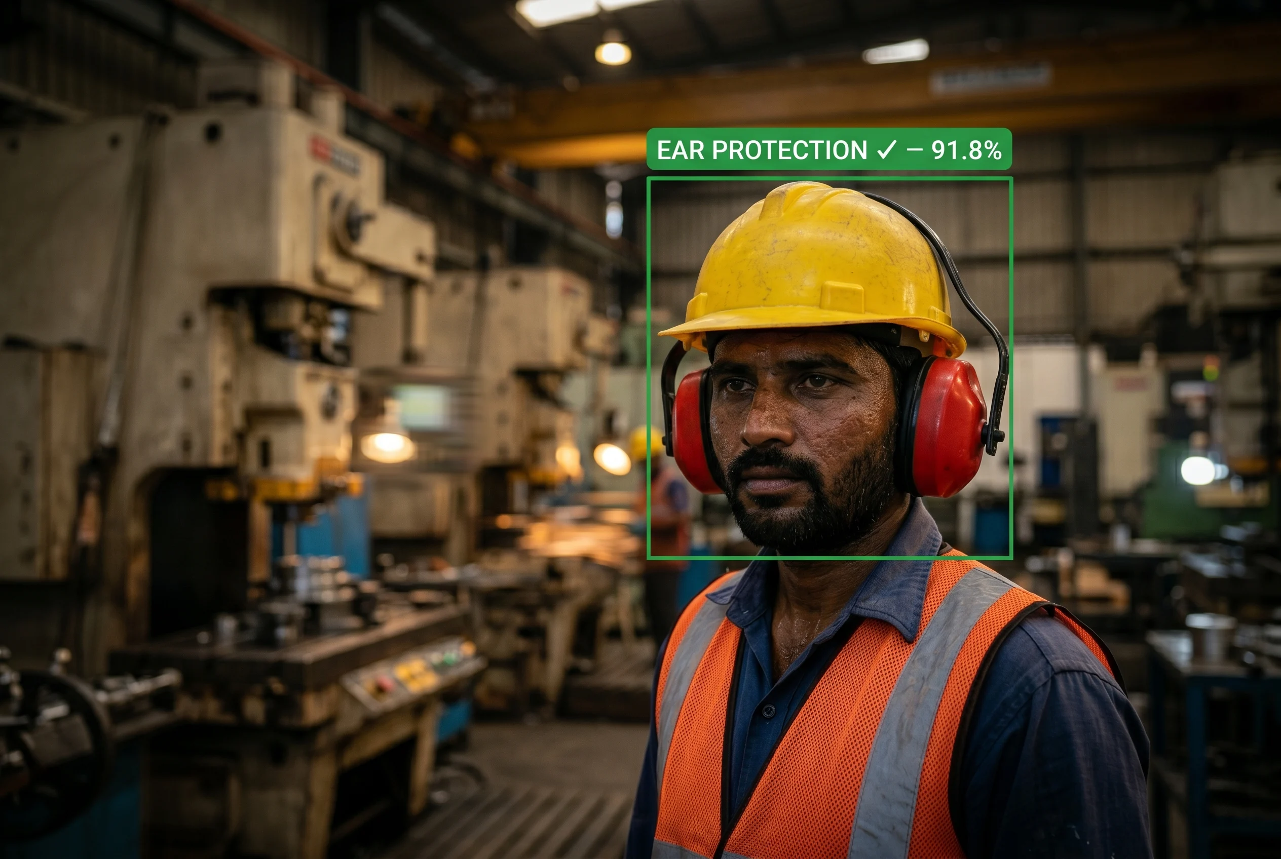 AI detecting ear muffs and ear plugs on a worker